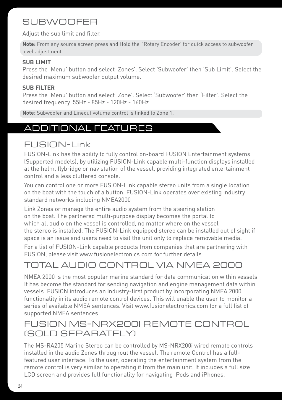 Fusion-link, Total audio control via nmea 2000, Fusion ms-nrx200i remote control (sold separately) | Additional features subwoofer | Fusion MS-RA205 User Manual | Page 24 / 32