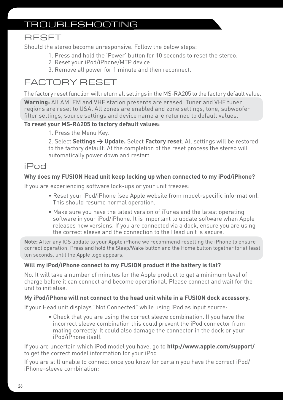 Troubleshooting reset, Factory reset, Ipod | Fusion MS-RA205 User Manual | Page 26 / 32