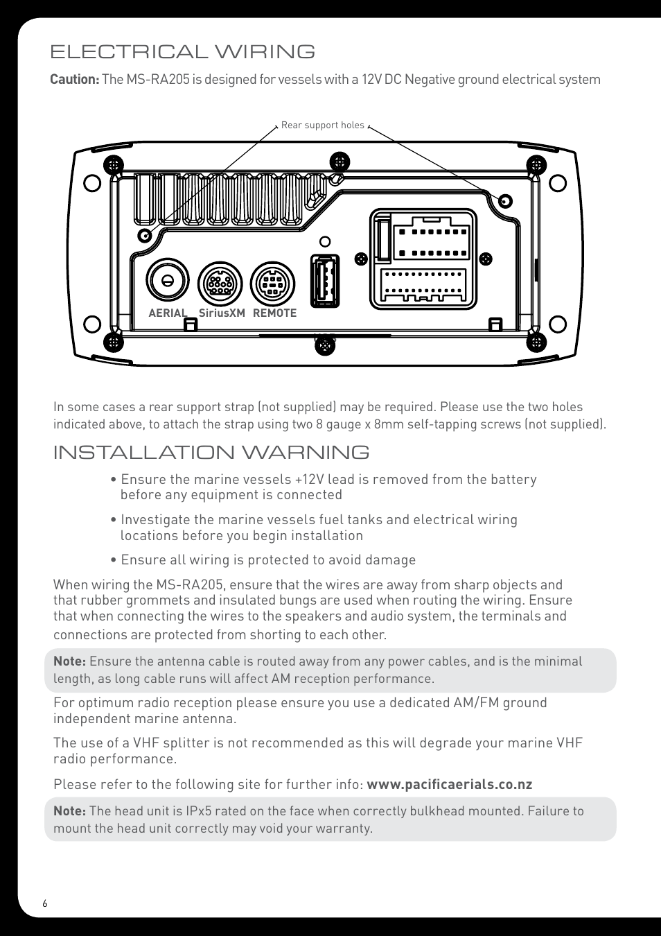 Installation warning, Electrical wiring | Fusion MS-RA205 User Manual | Page 6 / 32