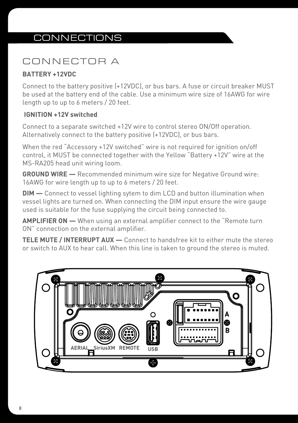 Co n n ecto r a, Connections | Fusion MS-RA205 User Manual | Page 8 / 32