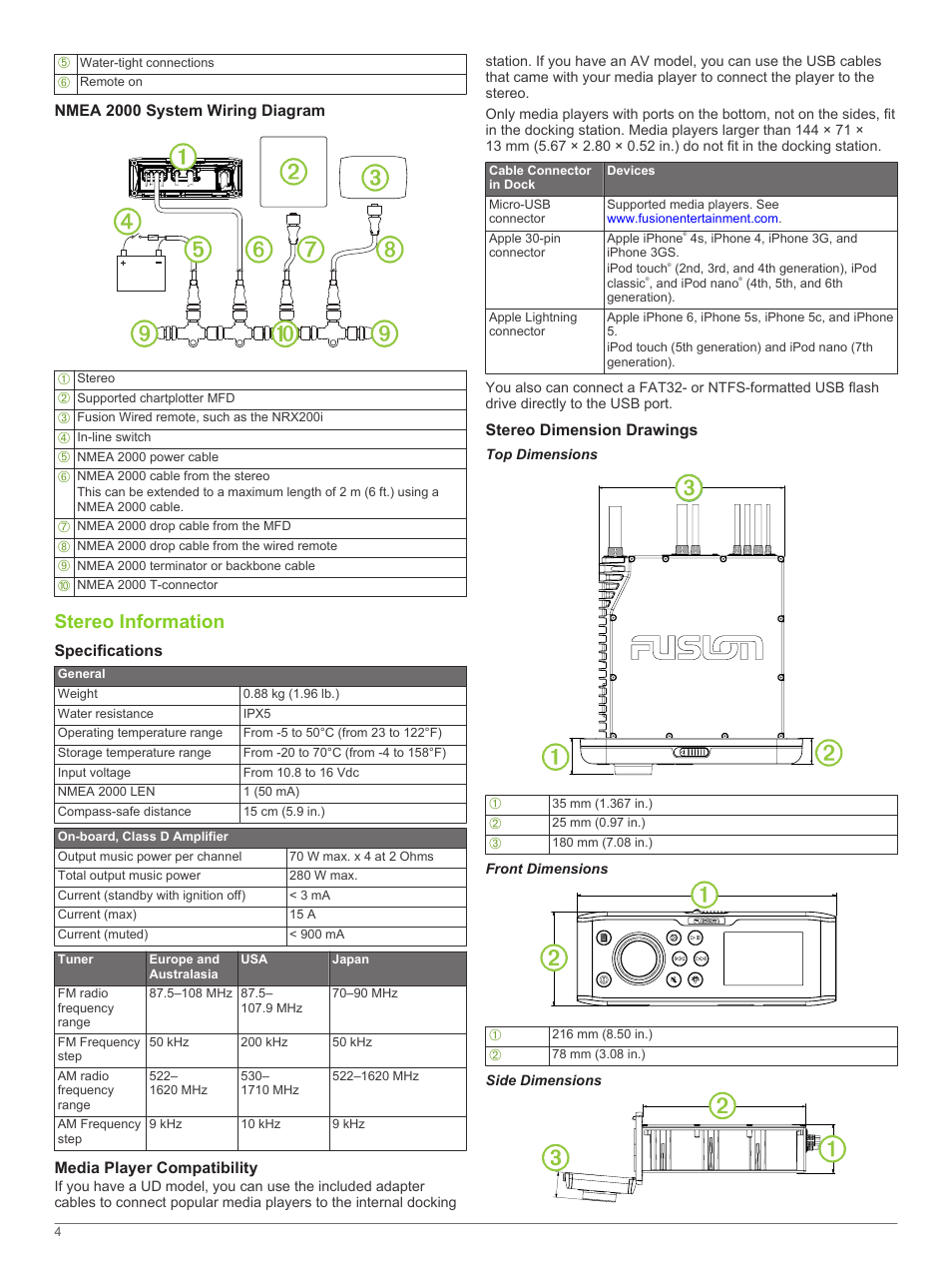 Nmea 2000 system wiring diagram, Stereo information, Specifications | Media player compatibility, Stereo dimension drawings, Top dimensions, Front dimensions, Side dimensions | Fusion MS-UD650 Installation User Manual | Page 4 / 6