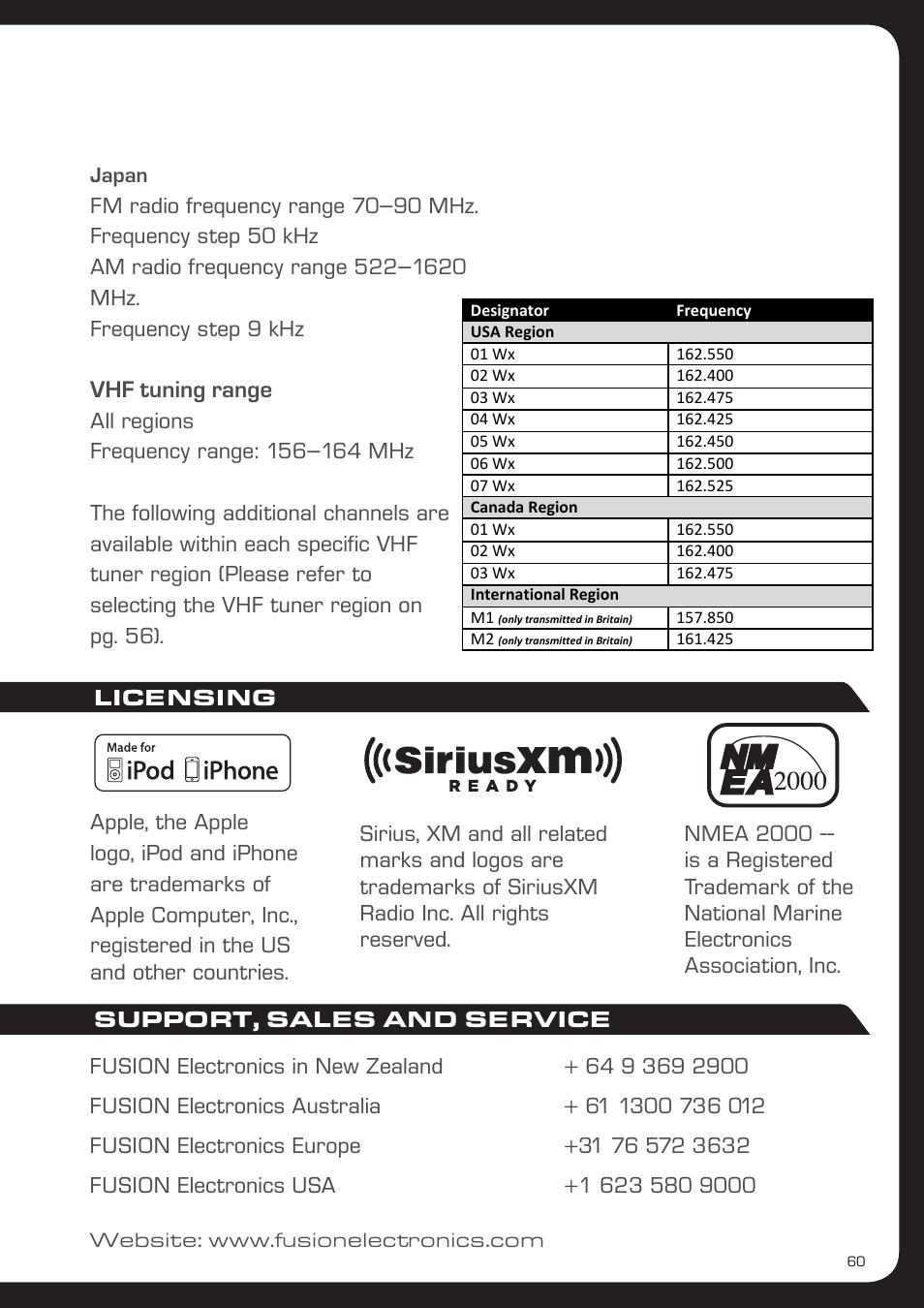 Vhf tuning range | Fusion MS-AV700i User Manual | Page 61 / 68