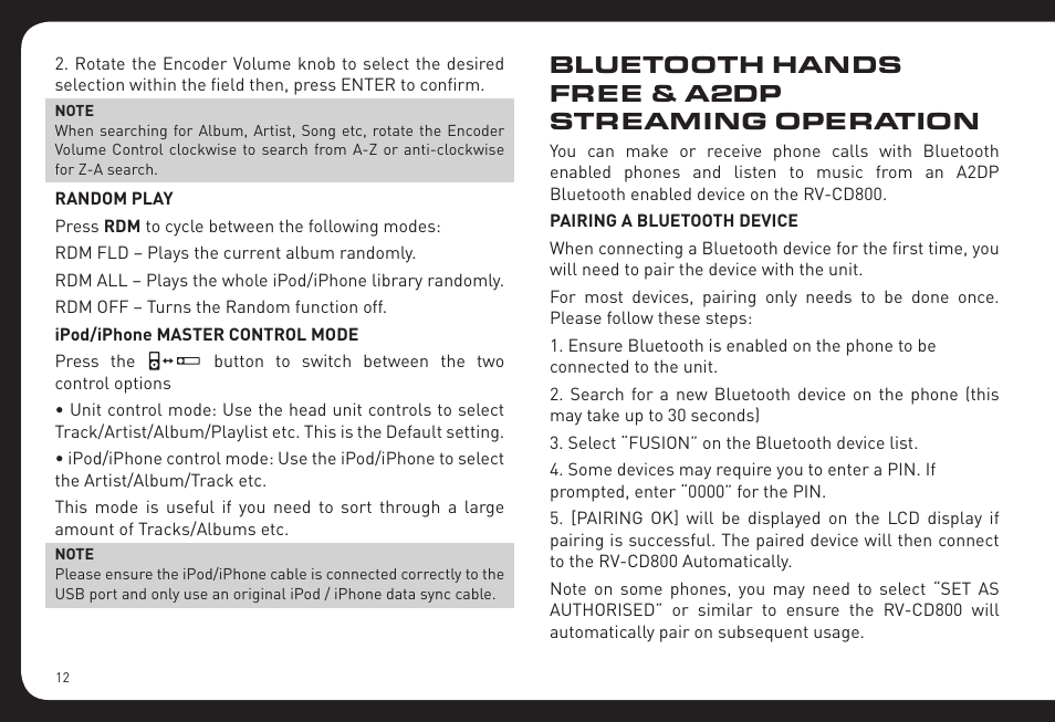 Bluetooth hands free & a2dp streaming operation | Fusion RV-CD800 User Manual | Page 12 / 32