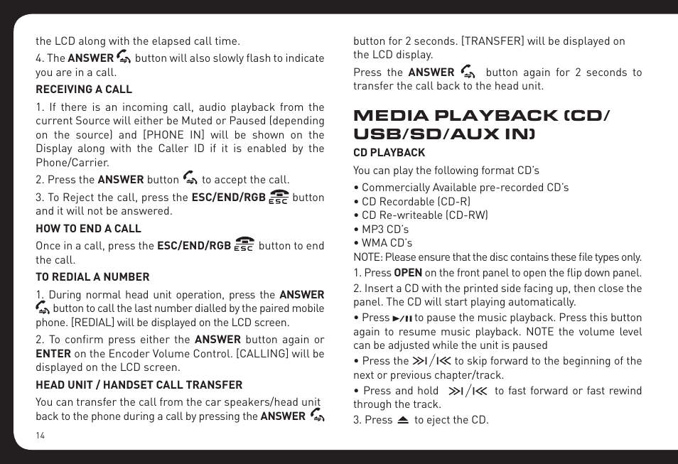 Media playback (cd/ usb/sd/aux in) | Fusion RV-CD800 User Manual | Page 14 / 32