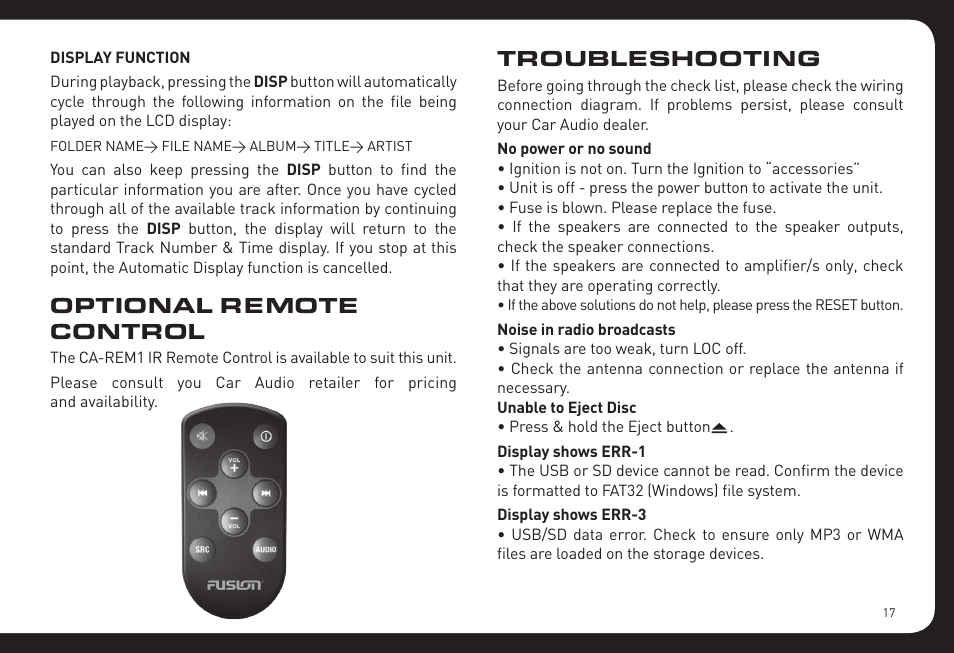 Optional remote control, Troubleshooting | Fusion RV-CD800 User Manual | Page 17 / 32