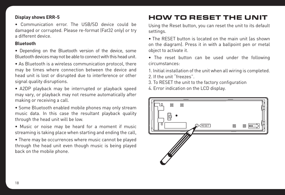 How to reset the unit | Fusion RV-CD800 User Manual | Page 18 / 32