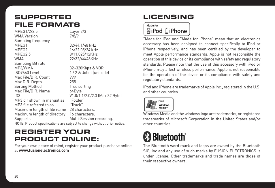 Licensing, Supported file formats, Register your product online | Fusion RV-CD800 User Manual | Page 20 / 32