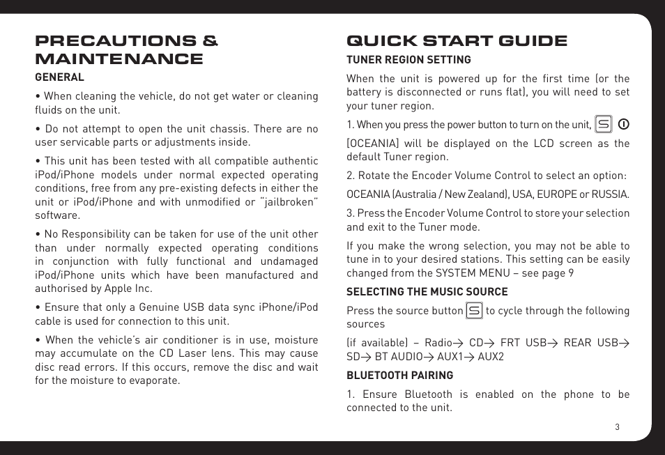 Precautions & maintenance, Quick start guide | Fusion RV-CD800 User Manual | Page 3 / 32