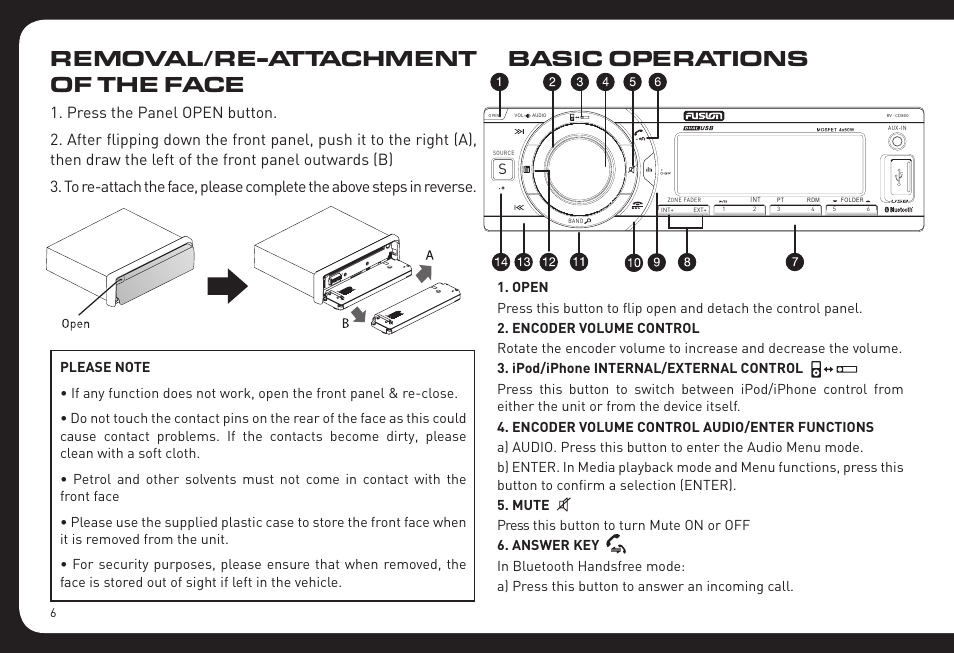 Basic operations, Removal/re-attachment of the face | Fusion RV-CD800 User Manual | Page 6 / 32