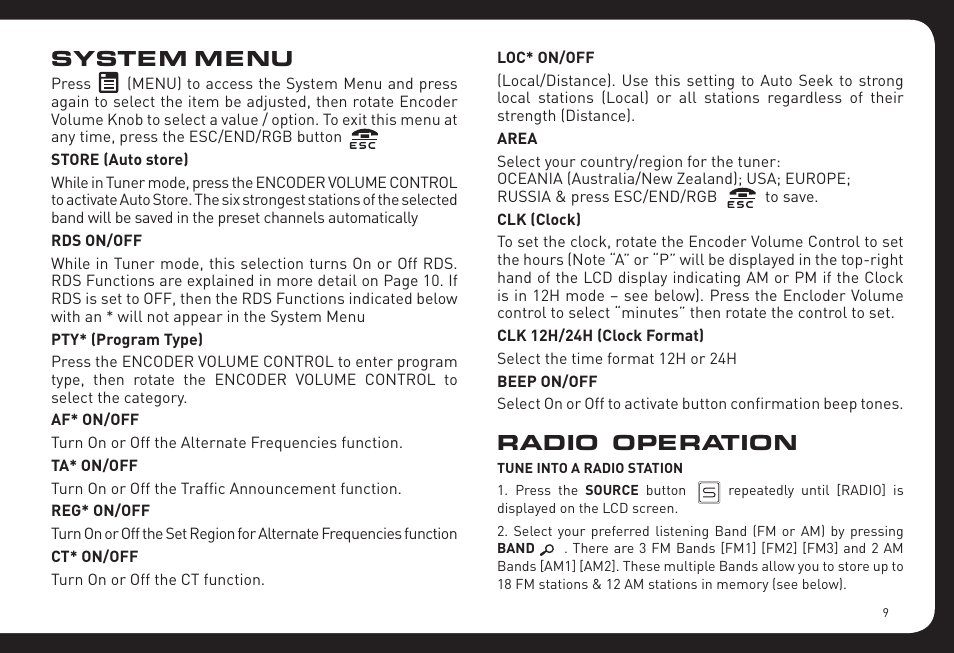 System menu, Radio operation | Fusion RV-CD800 User Manual | Page 9 / 32