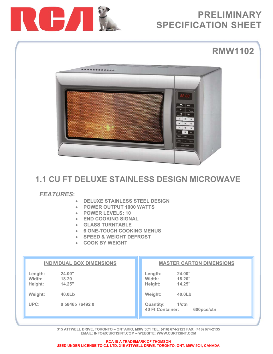 Curtis RMW1102 User Manual | 1 page