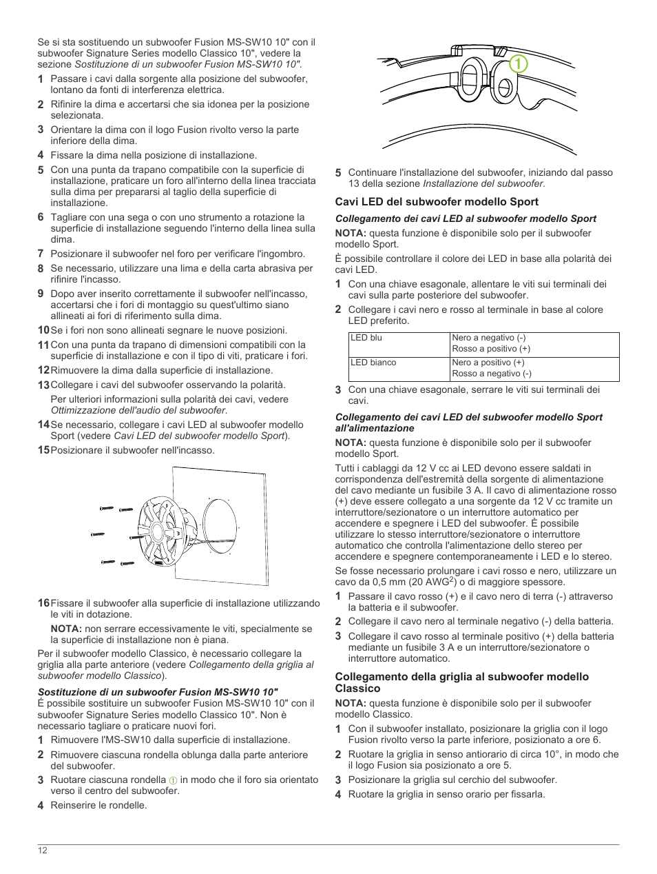 Sostituzione di un subwoofer fusion ms-sw10 10, Cavi led del subwoofer modello sport | Fusion SG-SL10SPW User Manual | Page 12 / 34