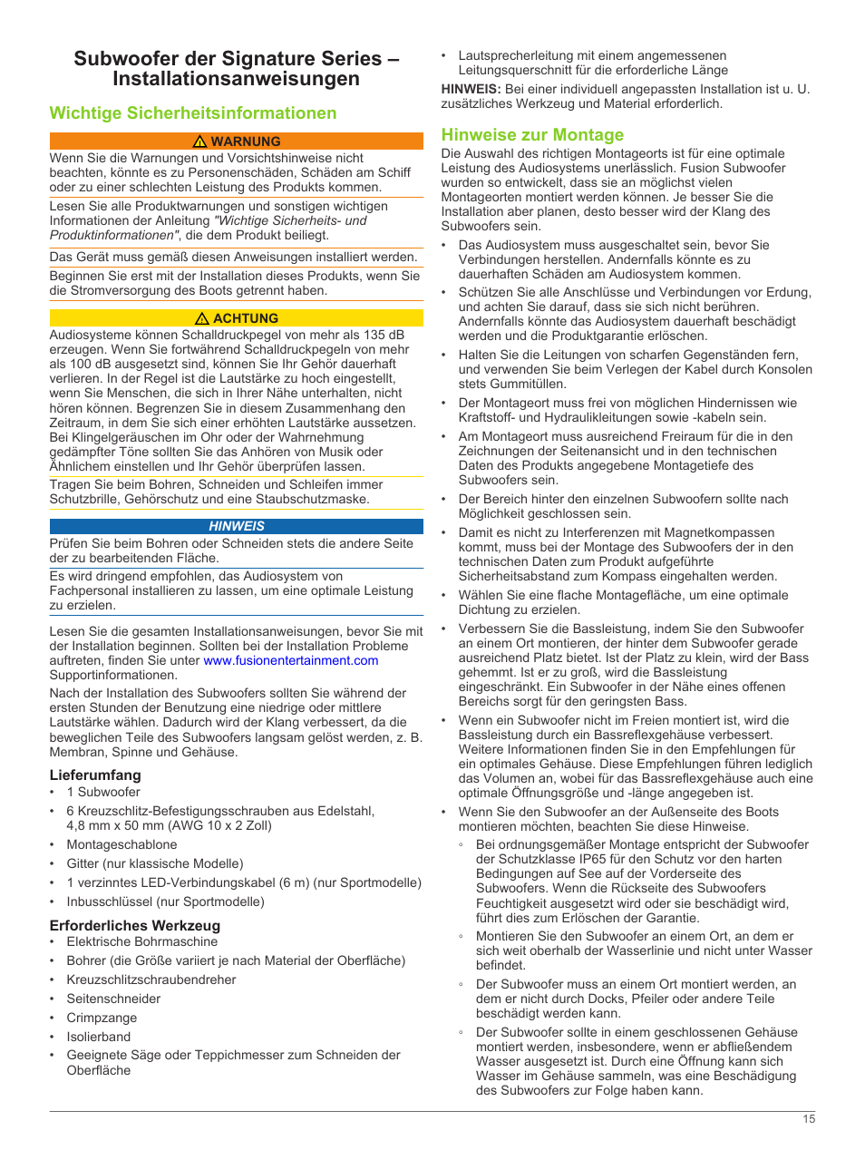 Wichtige sicherheitsinformationen, Lieferumfang, Erforderliches werkzeug | Hinweise zur montage | Fusion SG-SL10SPW User Manual | Page 15 / 34