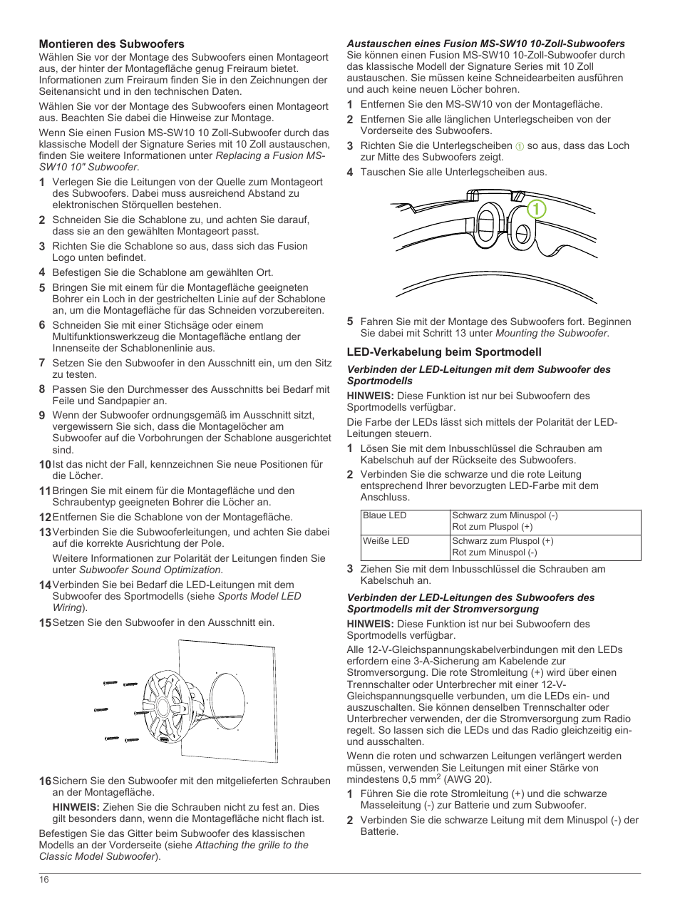 Montieren des subwoofers, Led-verkabelung beim sportmodell | Fusion SG-SL10SPW User Manual | Page 16 / 34