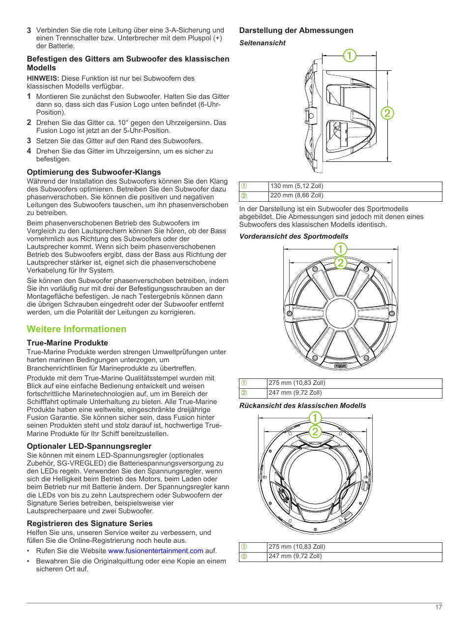 Optimierung des subwoofer-klangs, Weitere informationen, True-marine produkte | Optionaler led-spannungsregler, Registrieren des signature series, Darstellung der abmessungen, Seitenansicht, Vorderansicht des sportmodells, Rückansicht des klassischen modells | Fusion SG-SL10SPW User Manual | Page 17 / 34