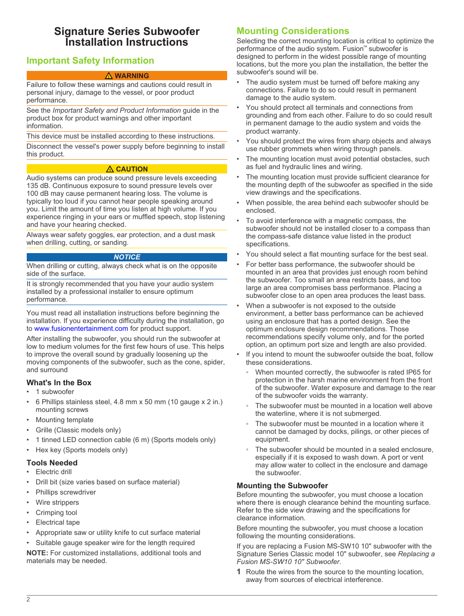 Important safety information, What's in the box, Tools needed | Mounting considerations, Mounting the subwoofer | Fusion SG-SL10SPW User Manual | Page 2 / 34