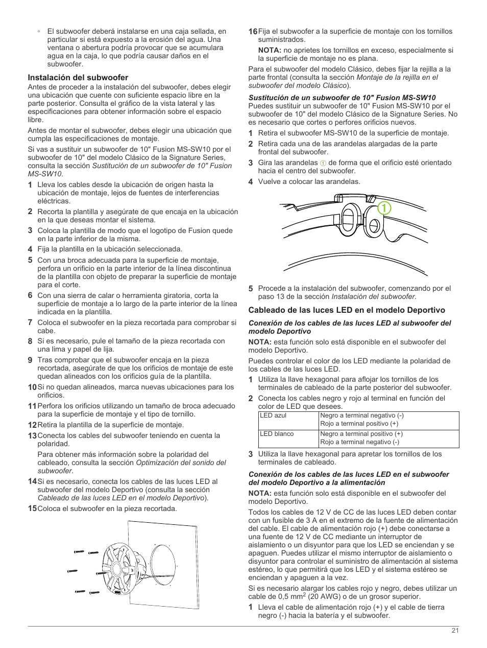 Instalación del subwoofer, Sustitución de un subwoofer de 10" fusion ms-sw10, Cableado de las luces led en el modelo deportivo | Fusion SG-SL10SPW User Manual | Page 21 / 34