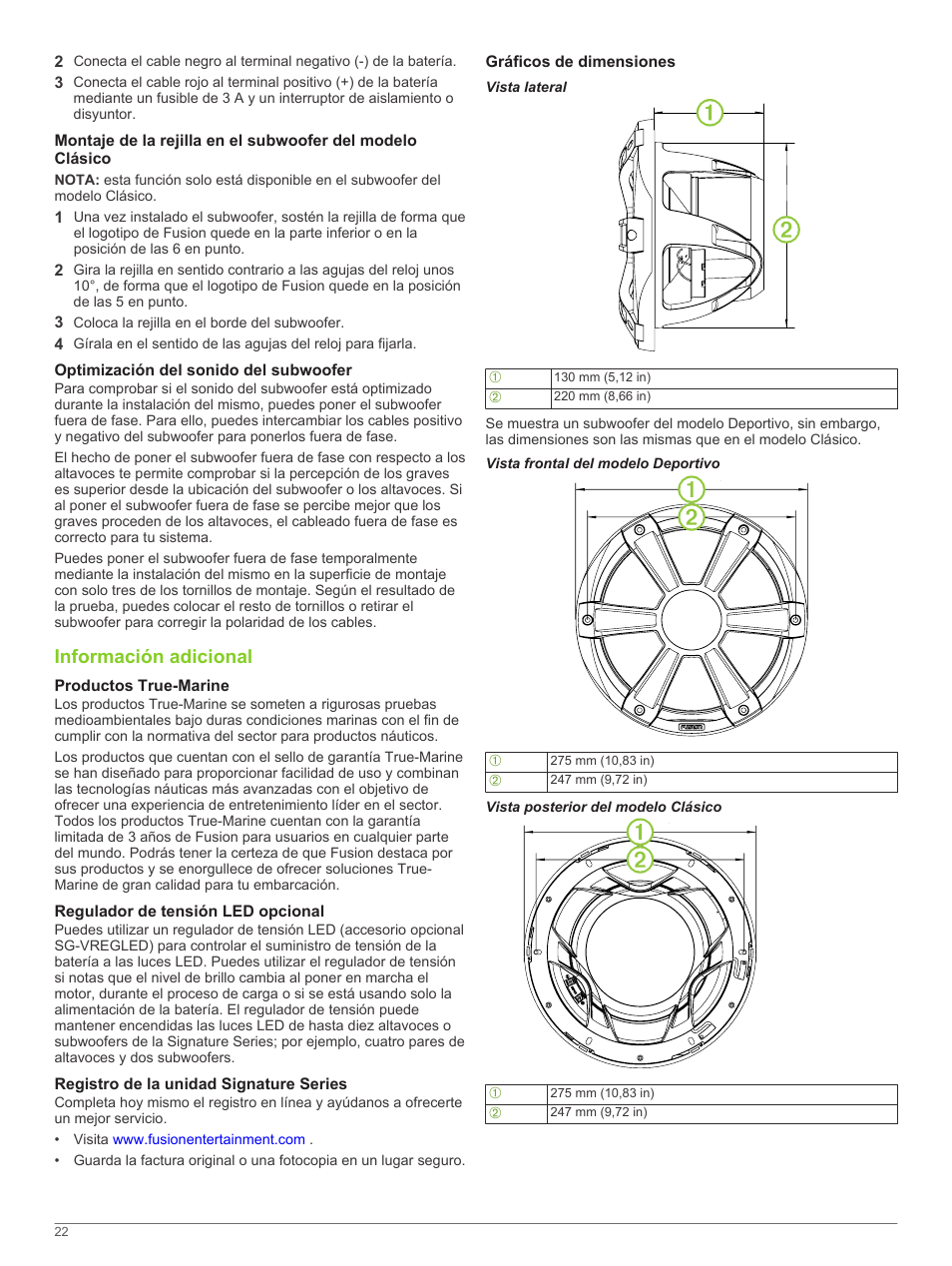Optimización del sonido del subwoofer, Información adicional, Productos true-marine | Regulador de tensión led opcional, Registro de la unidad signature series, Gráficos de dimensiones, Vista lateral, Vista frontal del modelo deportivo, Vista posterior del modelo clásico | Fusion SG-SL10SPW User Manual | Page 22 / 34