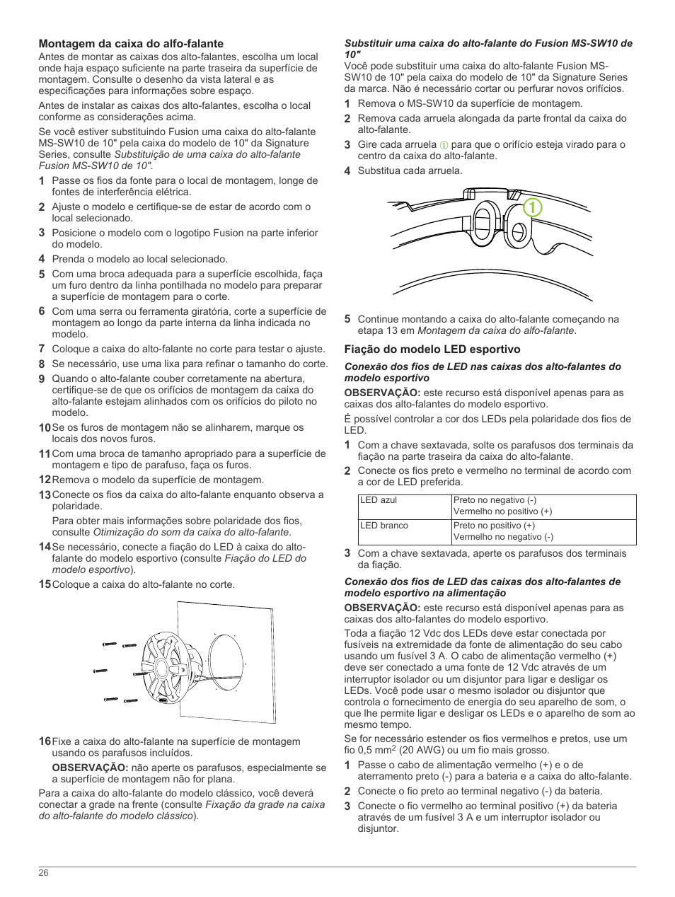 Montagem da caixa do alfo-falante, Fiação do modelo led esportivo | Fusion SG-SL10SPW User Manual | Page 26 / 34