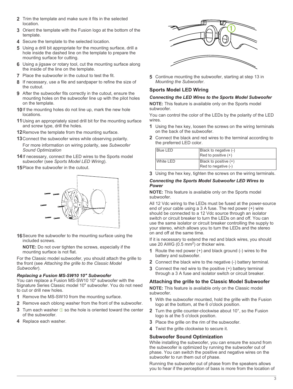 Replacing a fusion ms-sw10 10" subwoofer, Sports model led wiring, Subwoofer sound optimization | Fusion SG-SL10SPW User Manual | Page 3 / 34