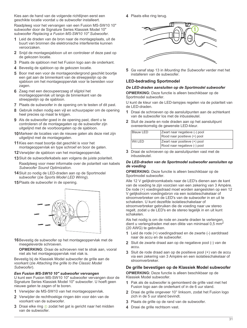 Een fusion ms-sw10 10" subwoofer vervangen, Led-bedrading sportmodel | Fusion SG-SL10SPW User Manual | Page 31 / 34