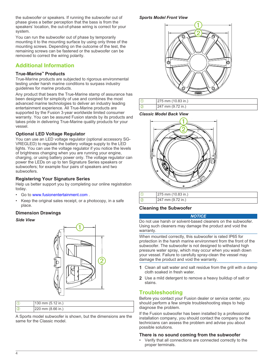Additional information, True-marine™ products, Optional led voltage regulator | Registering your signature series, Dimension drawings, Side view, Sports model front view, Classic model back view, Cleaning the subwoofer, Troubleshooting | Fusion SG-SL10SPW User Manual | Page 4 / 34