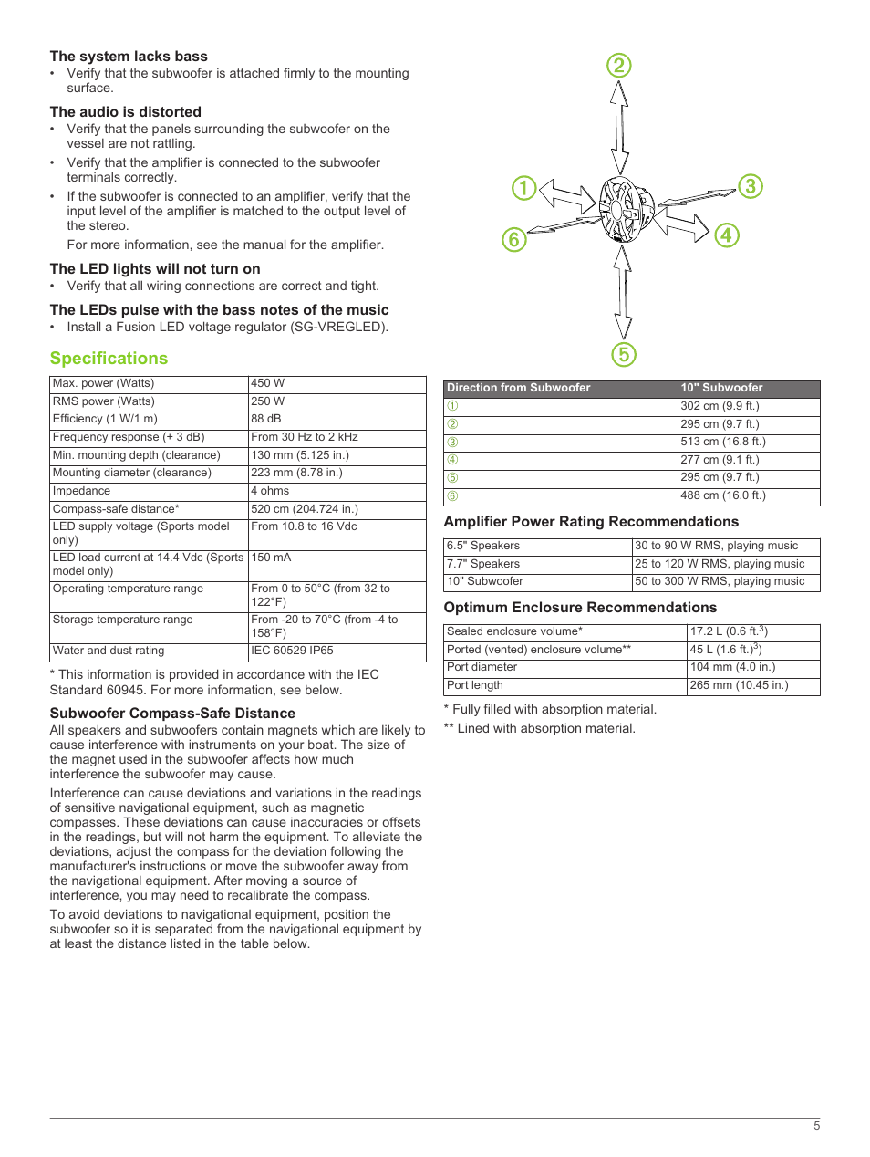 The system lacks bass, The audio is distorted, The led lights will not turn on | The leds pulse with the bass notes of the music, Specifications, Subwoofer compass-safe distance, Amplifier power rating recommendations, Optimum enclosure recommendations | Fusion SG-SL10SPW User Manual | Page 5 / 34