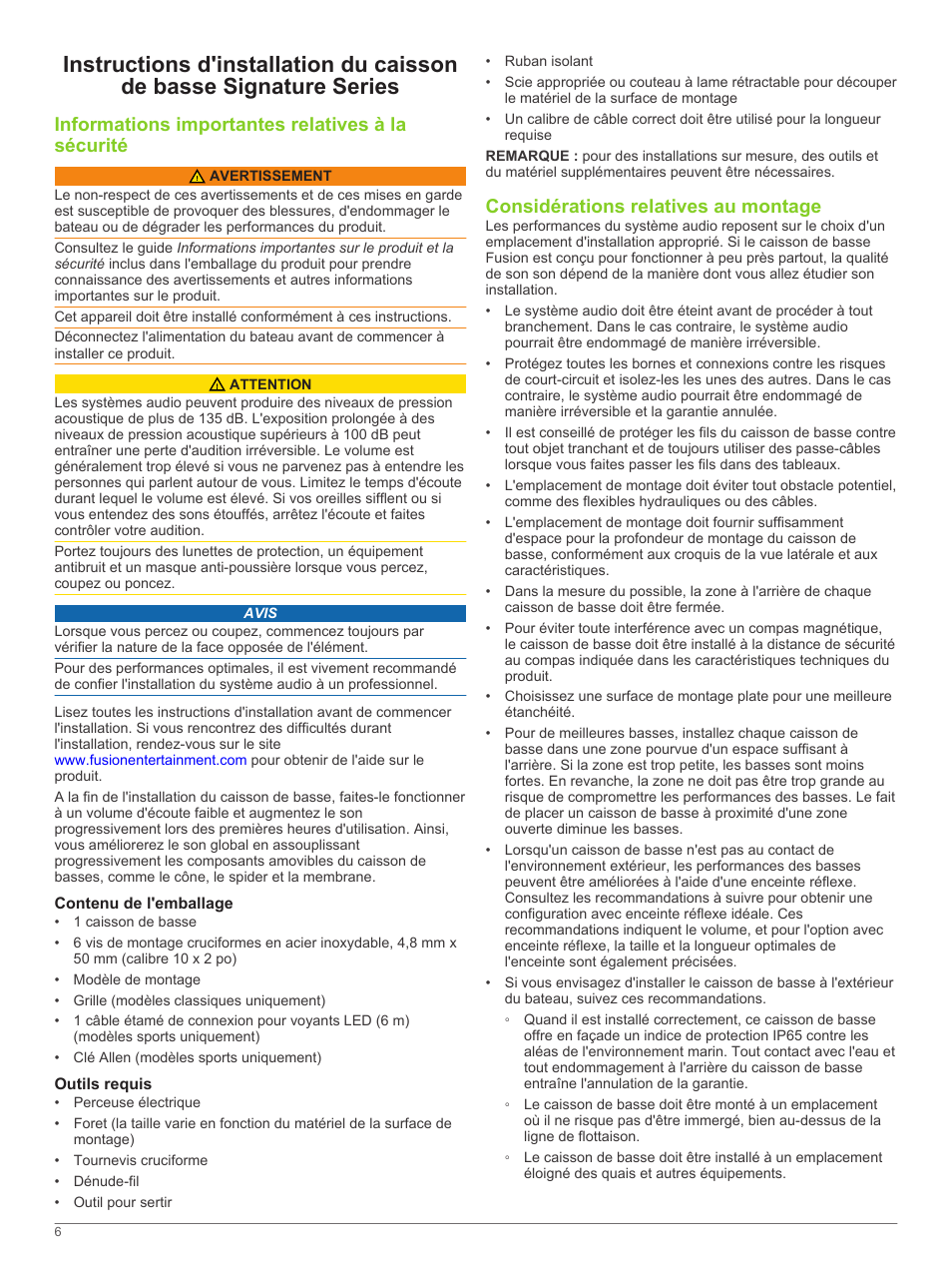 Informations importantes relatives à la sécurité, Contenu de l'emballage, Outils requis | Considérations relatives au montage | Fusion SG-SL10SPW User Manual | Page 6 / 34