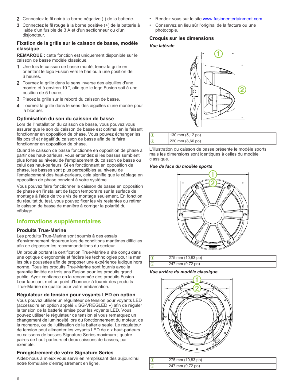 Optimisation du son du caisson de basse, Informations supplémentaires, Produits true-marine | Régulateur de tension pour voyants led en option, Enregistrement de votre signature series, Croquis sur les dimensions, Vue latérale, Vue de face du modèle sports, Vue arrière du modèle classique | Fusion SG-SL10SPW User Manual | Page 8 / 34