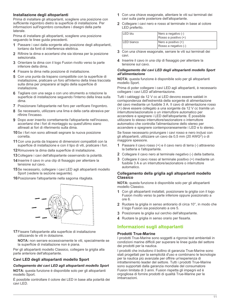 Installazione degli altoparlanti, Cavi led degli altoparlanti modello sport, Informazioni sugli altoparlanti | Prodotti true-marine | Fusion SG-F65W User Manual | Page 11 / 30