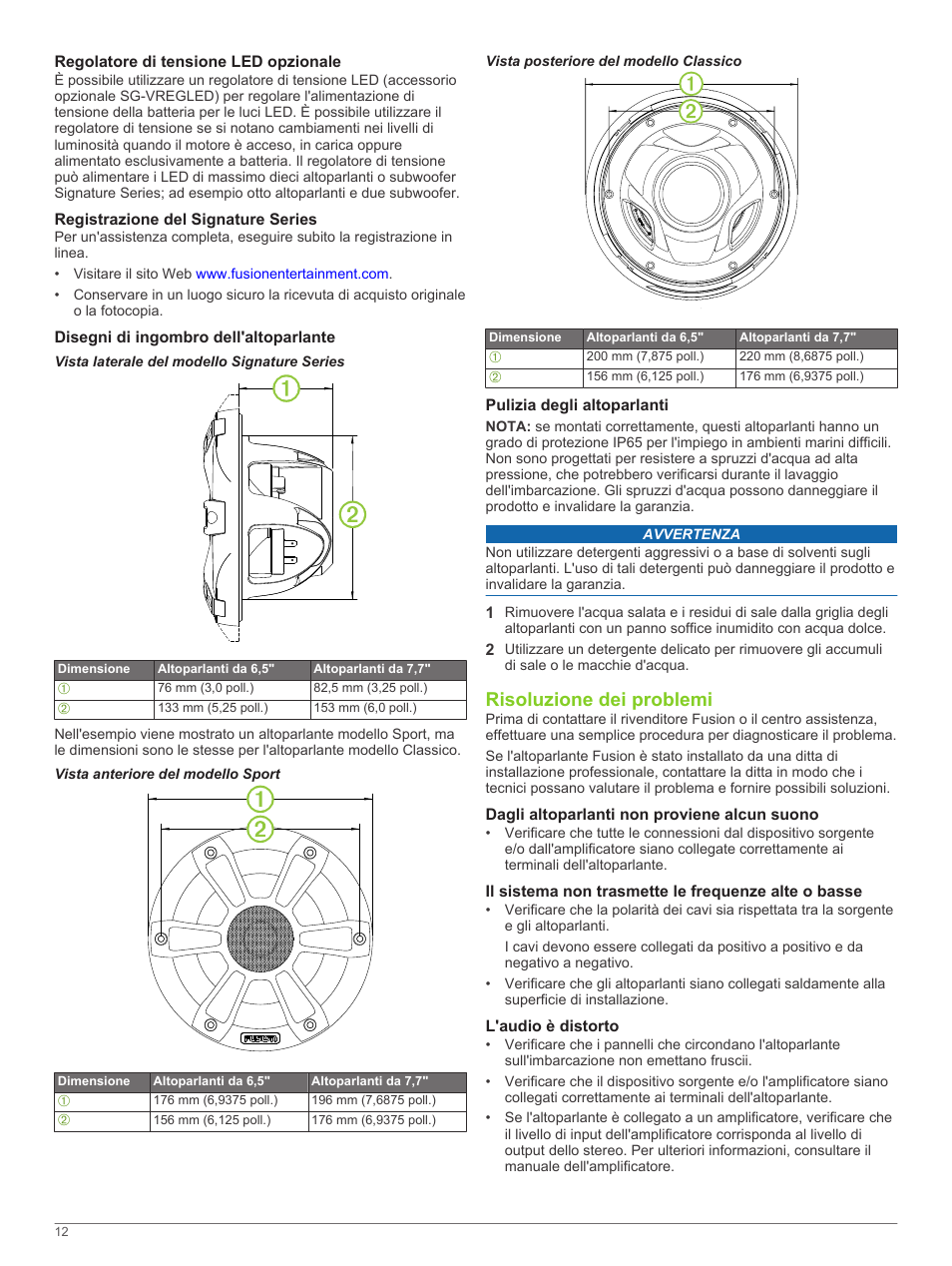 Regolatore di tensione led opzionale, Registrazione del signature series, Disegni di ingombro dell'altoparlante | Vista laterale del modello signature series, Vista anteriore del modello sport, Vista posteriore del modello classico, Pulizia degli altoparlanti, Risoluzione dei problemi, Dagli altoparlanti non proviene alcun suono, Il sistema non trasmette le frequenze alte o basse | Fusion SG-F65W User Manual | Page 12 / 30
