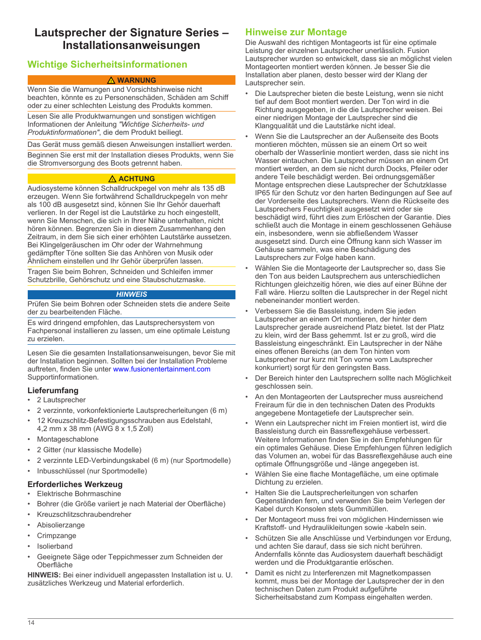 Wichtige sicherheitsinformationen, Lieferumfang, Erforderliches werkzeug | Hinweise zur montage | Fusion SG-F65W User Manual | Page 14 / 30