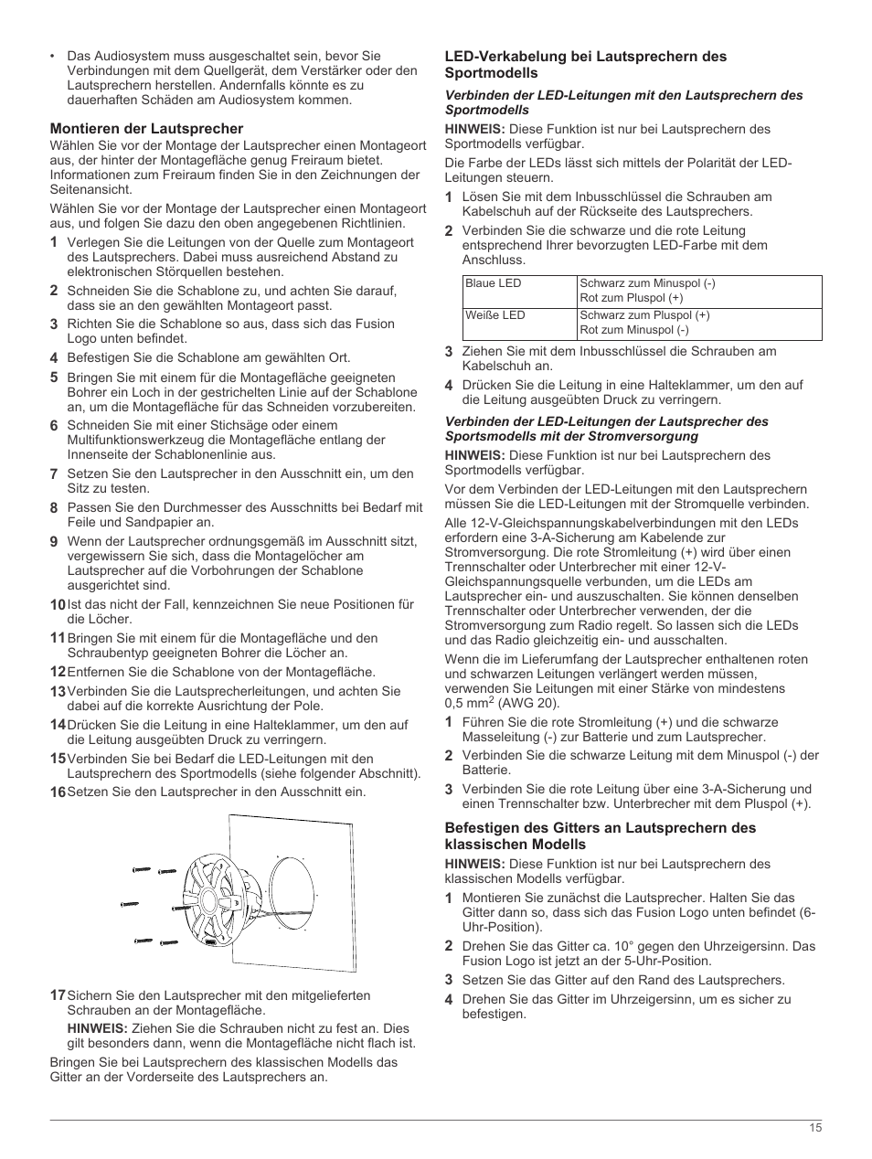 Montieren der lautsprecher, Led-verkabelung bei lautsprechern des sportmodells | Fusion SG-F65W User Manual | Page 15 / 30