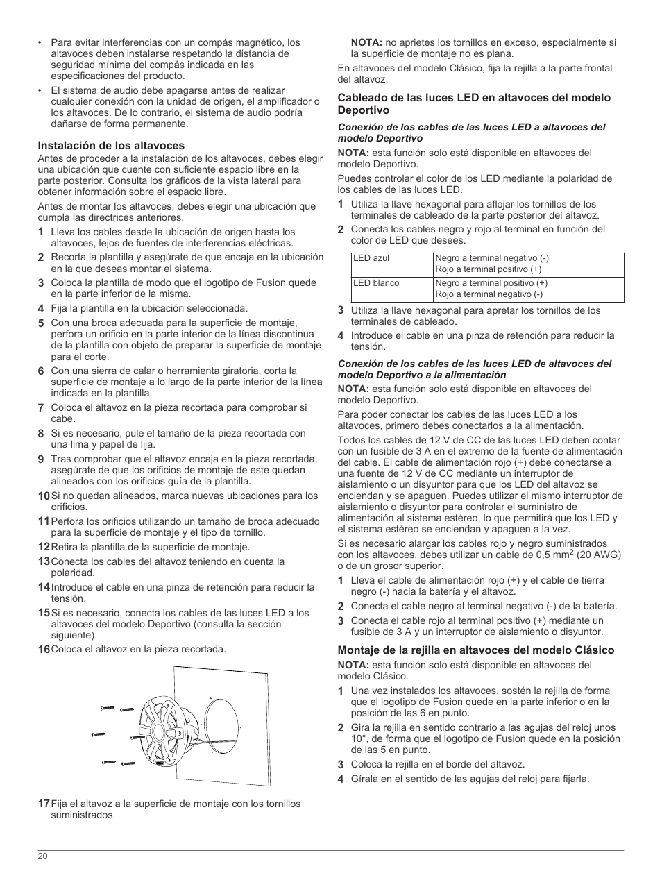 Instalación de los altavoces | Fusion SG-F65W User Manual | Page 20 / 30