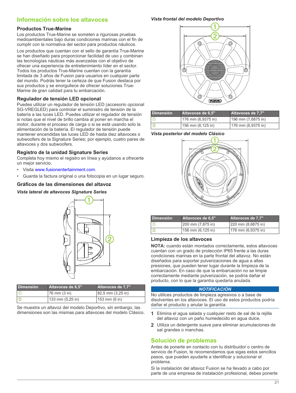 Información sobre los altavoces, Productos true-marine, Regulador de tensión led opcional | Registro de la unidad signature series, Gráficos de las dimensiones del altavoz, Vista lateral de altavoces signature series, Vista frontal del modelo deportivo, Vista posterior del modelo clásico, Limpieza de los altavoces, Solución de problemas | Fusion SG-F65W User Manual | Page 21 / 30