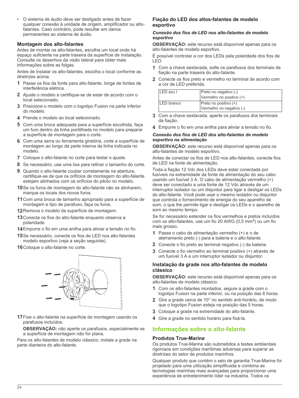 Montagem dos alto-falantes, Informações sobre o alto-falante, Produtos true-marine | Fusion SG-F65W User Manual | Page 24 / 30
