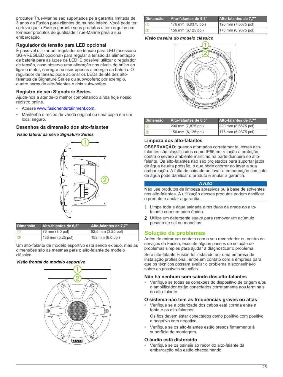 Regulador de tensão para led opcional, Registro de seu signature series, Desenhos da dimensão dos alto-falantes | Visão lateral da série signature series, Visão frontal do modelo esportivo, Visão traseira do modelo clássico, Limpeza dos alto-falantes, Solução de problemas, Não há nenhum som saindo dos alto-falantes, O sistema não tem as frequências graves ou altas | Fusion SG-F65W User Manual | Page 25 / 30