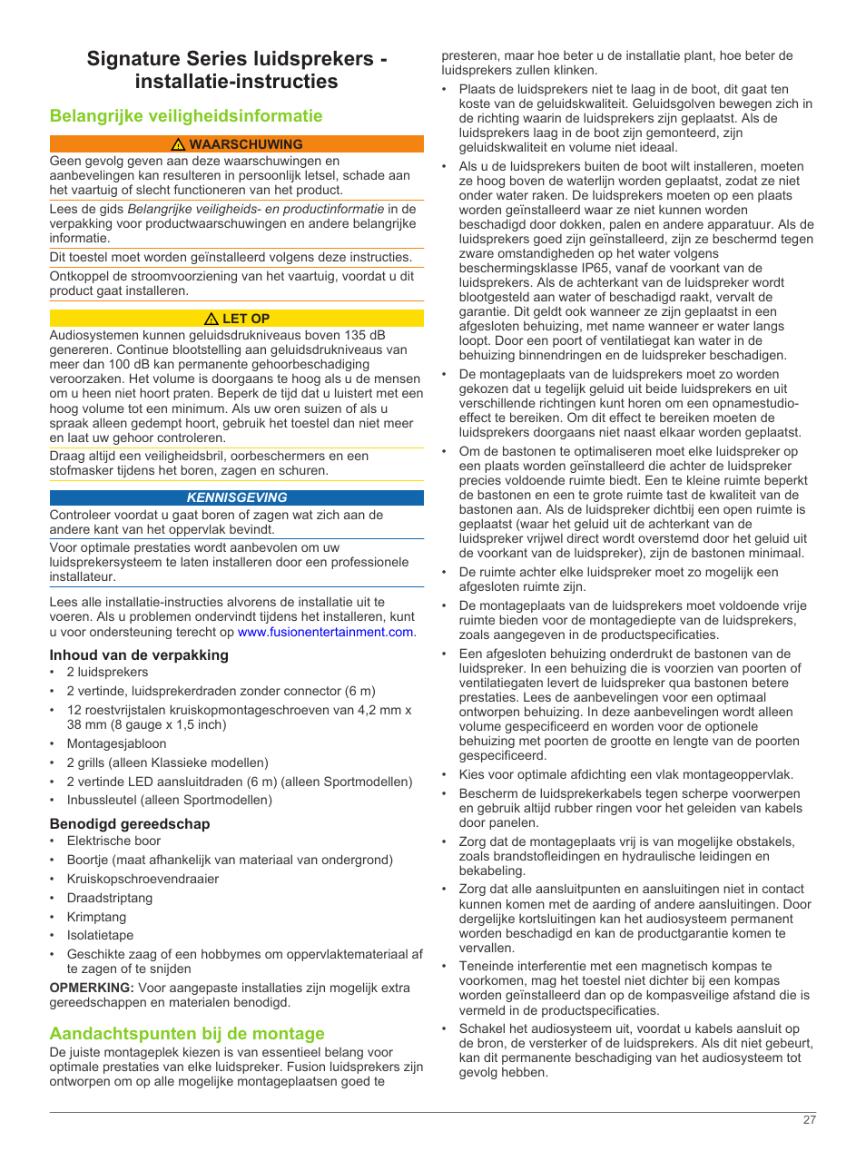 Belangrijke veiligheidsinformatie, Inhoud van de verpakking, Benodigd gereedschap | Aandachtspunten bij de montage | Fusion SG-F65W User Manual | Page 27 / 30