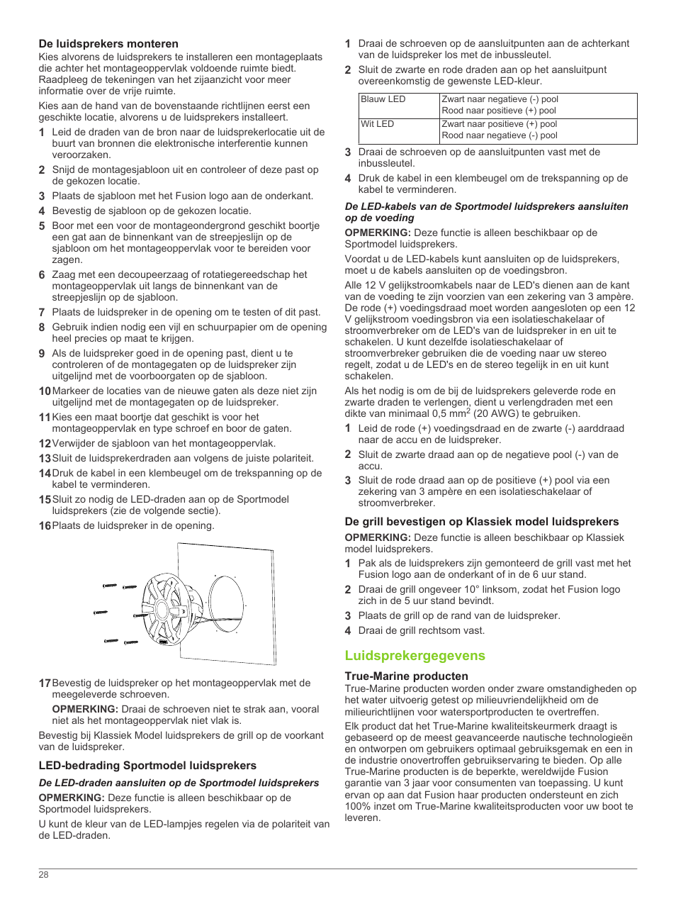 De luidsprekers monteren, Led-bedrading sportmodel luidsprekers, De grill bevestigen op klassiek model luidsprekers | Luidsprekergegevens, True-marine producten | Fusion SG-F65W User Manual | Page 28 / 30