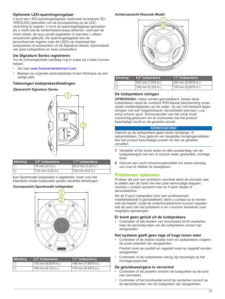 Optionele led-spanningsregelaar, Uw signature series registreren, Tekeningen luidsprekerafmetingen | Zijaanzicht signature series, Vooraanzicht sportmodel luidspreker, Achteraanzicht klassiek model, De luidsprekers reinigen, Problemen oplossen, Er komt geen geluid uit de luidsprekers, Het systeem geeft geen lage of hoge tonen weer | Fusion SG-F65W User Manual | Page 29 / 30