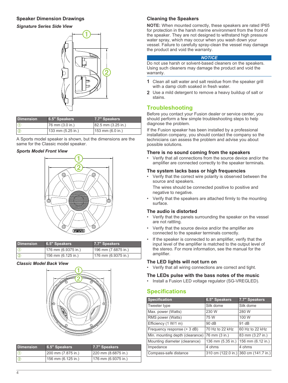 Speaker dimension drawings, Signature series side view, Sports model front view | Classic model back view, Cleaning the speakers, Troubleshooting, There is no sound coming from the speakers, The system lacks bass or high frequencies, The audio is distorted, The led lights will not turn on | Fusion SG-F65W User Manual | Page 4 / 30