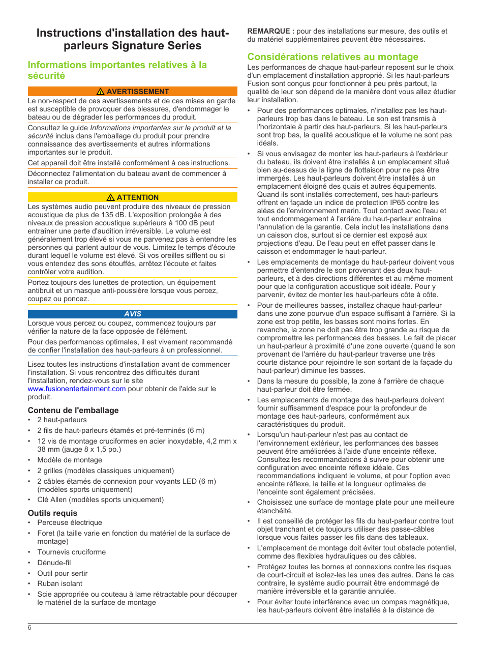 Informations importantes relatives à la sécurité, Contenu de l'emballage, Outils requis | Considérations relatives au montage | Fusion SG-F65W User Manual | Page 6 / 30