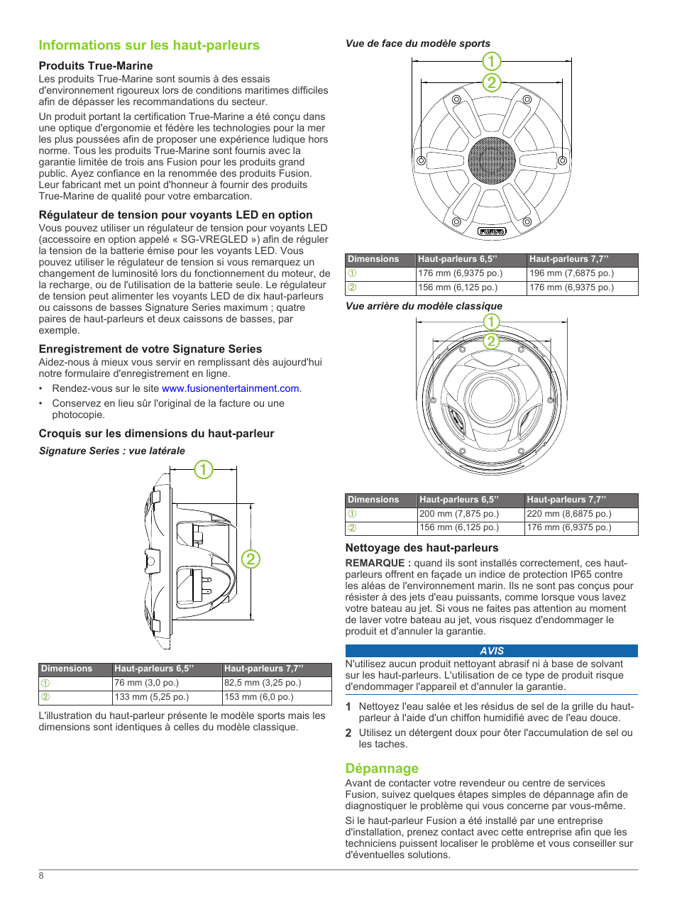 Informations sur les haut-parleurs, Produits true-marine, Régulateur de tension pour voyants led en option | Enregistrement de votre signature series, Croquis sur les dimensions du haut-parleur, Signature series : vue latérale, Vue de face du modèle sports, Vue arrière du modèle classique, Nettoyage des haut-parleurs, Dépannage | Fusion SG-F65W User Manual | Page 8 / 30