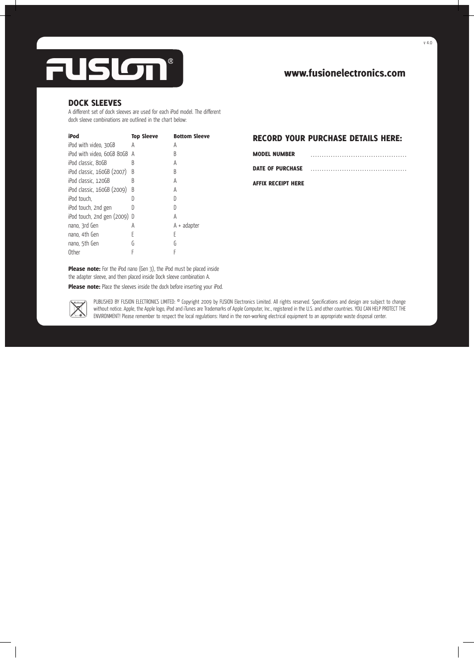 Dock sleeves, Record your purchase details here | Fusion MS-IPDOCKG2 User Manual | Page 2 / 2