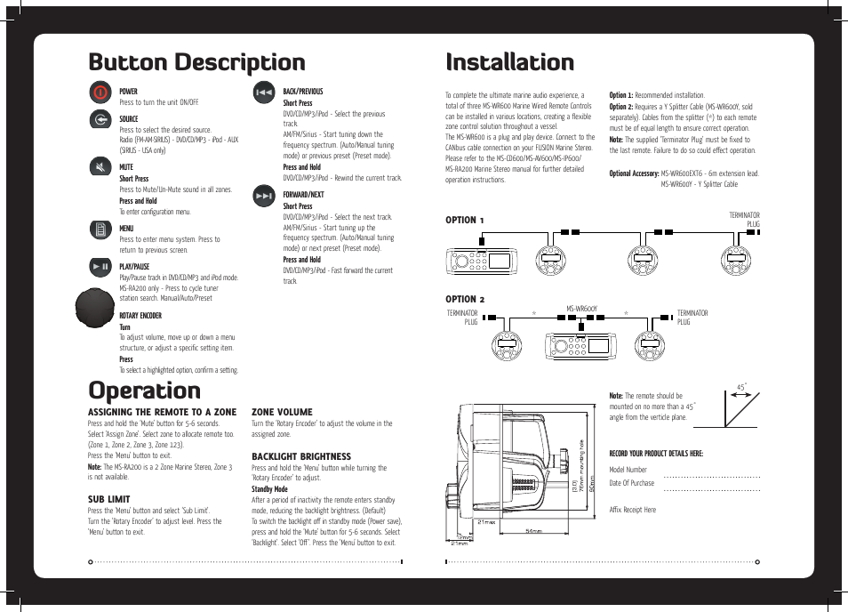 Button description, Operation, Installation | Fusion MS-WR600 User Manual | Page 2 / 2