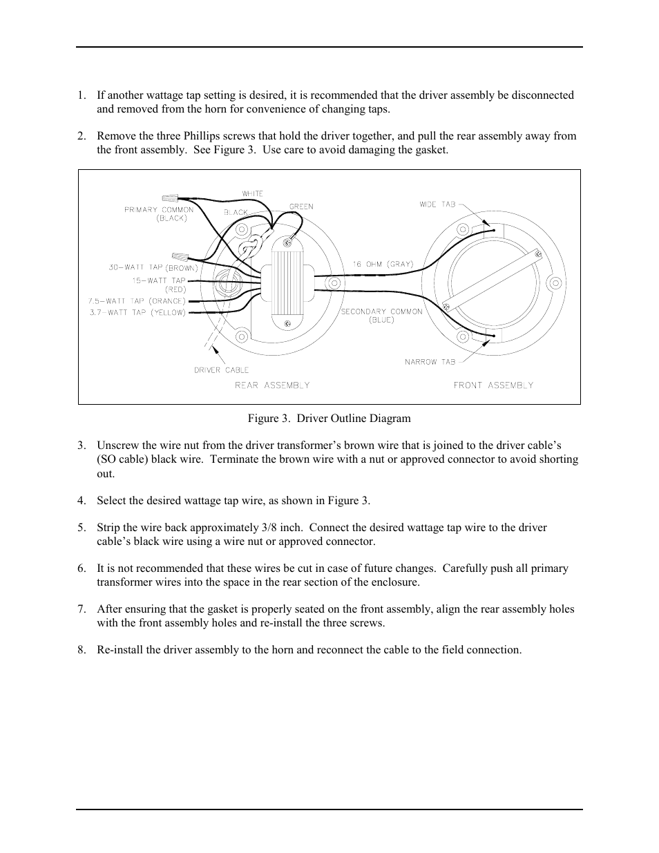 Changing the wattage tap setting | GAI-Tronics 13314-003 Horn Drivers (30-Watt) User Manual | Page 3 / 5