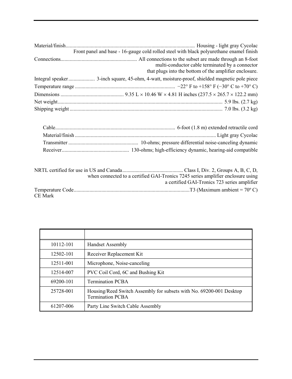 Specifications, Replacement parts | GAI-Tronics 7265-101 Multi-Party Desktop Subset User Manual | Page 4 / 5