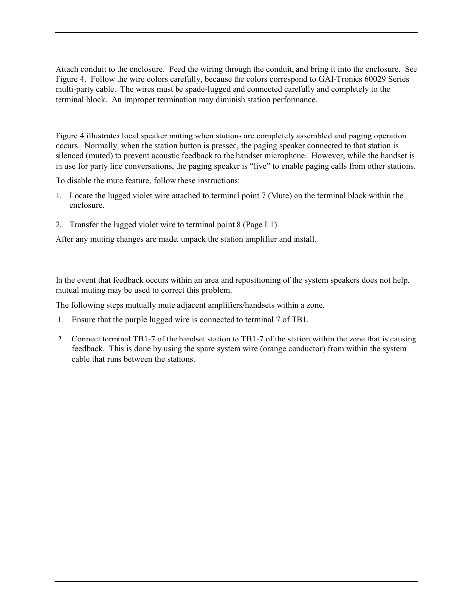 Wiring, Local muting, Mutual muting | GAI-Tronics 7335-002 Multi-Party 24 V DC Amplifier Enclosures User Manual | Page 7 / 13