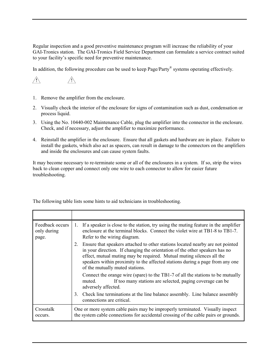 Maintenance, Troubleshooting | GAI-Tronics 7335-002 Multi-Party 24 V DC Amplifier Enclosures User Manual | Page 9 / 13