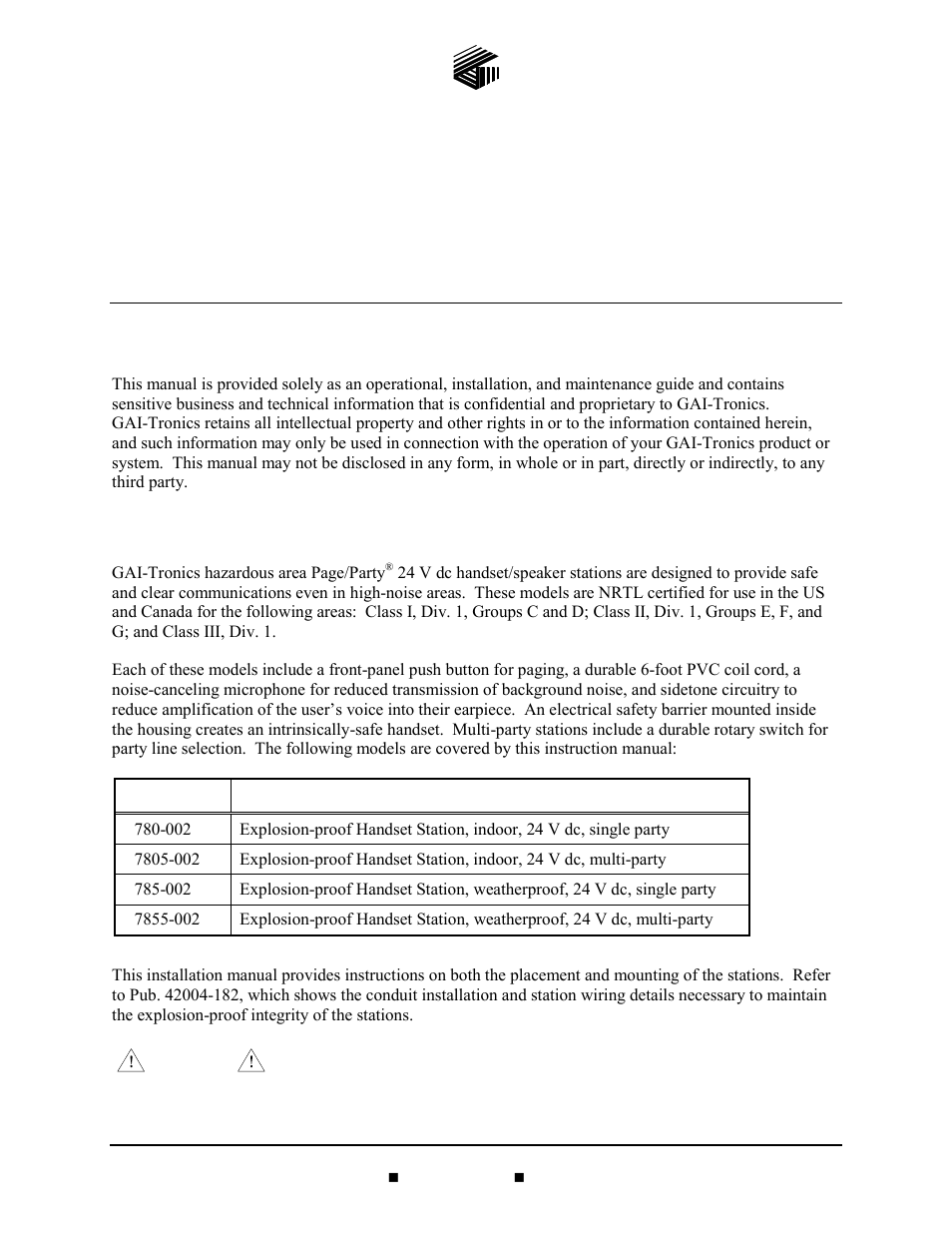 GAI-Tronics 785-002  24 V DC Explosion-proof Page/Party Handset Stations User Manual | 14 pages
